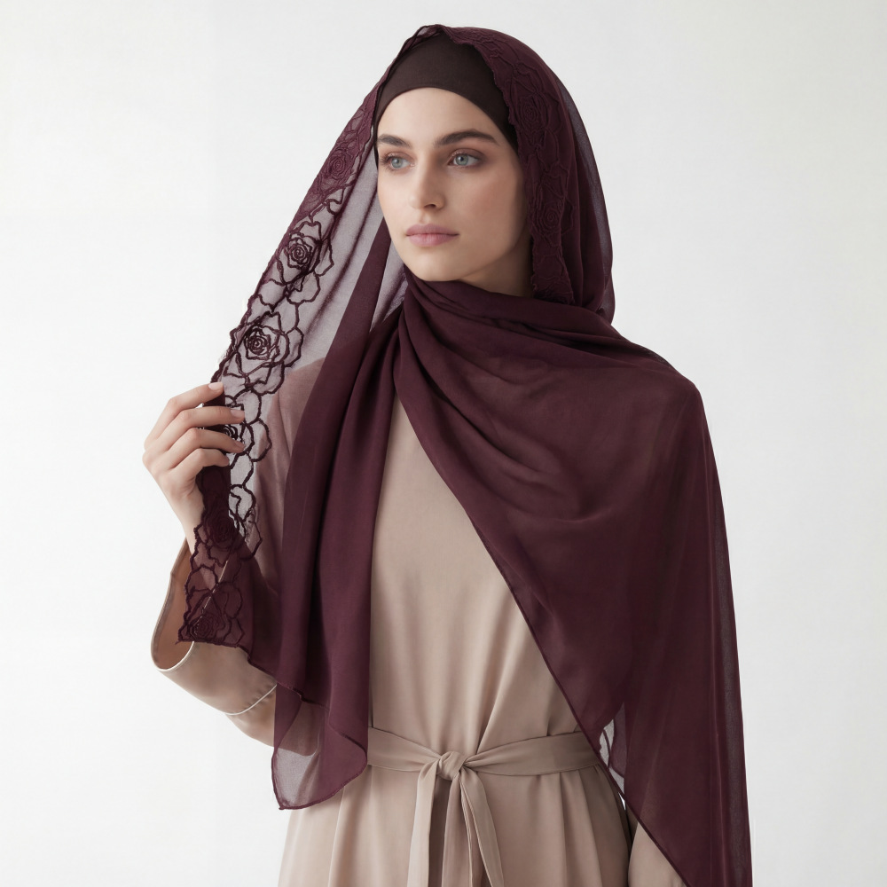 Embroidery Hijab - Sciarpe Hijab in Chiffon Viola da